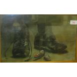 Oil on canvas still life of a pair of black boots and a very small pair of red shoes, signed and