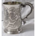 George III silver baluster tankard, engraved with scrollwork and escutcheon, presentation