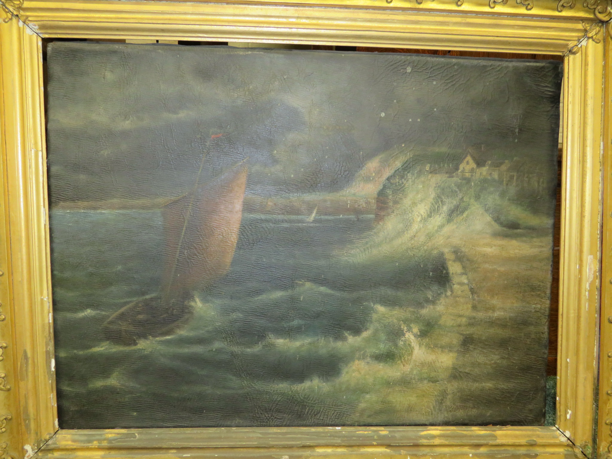 Stormy sea at the Cobb, Lyme Regis, 19th century oil on board, perhaps indistinct signature lower - Image 2 of 4