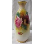 Royal Worcester porcelain vase, slender ovoid form, hand painted decoration of pink roses, signed