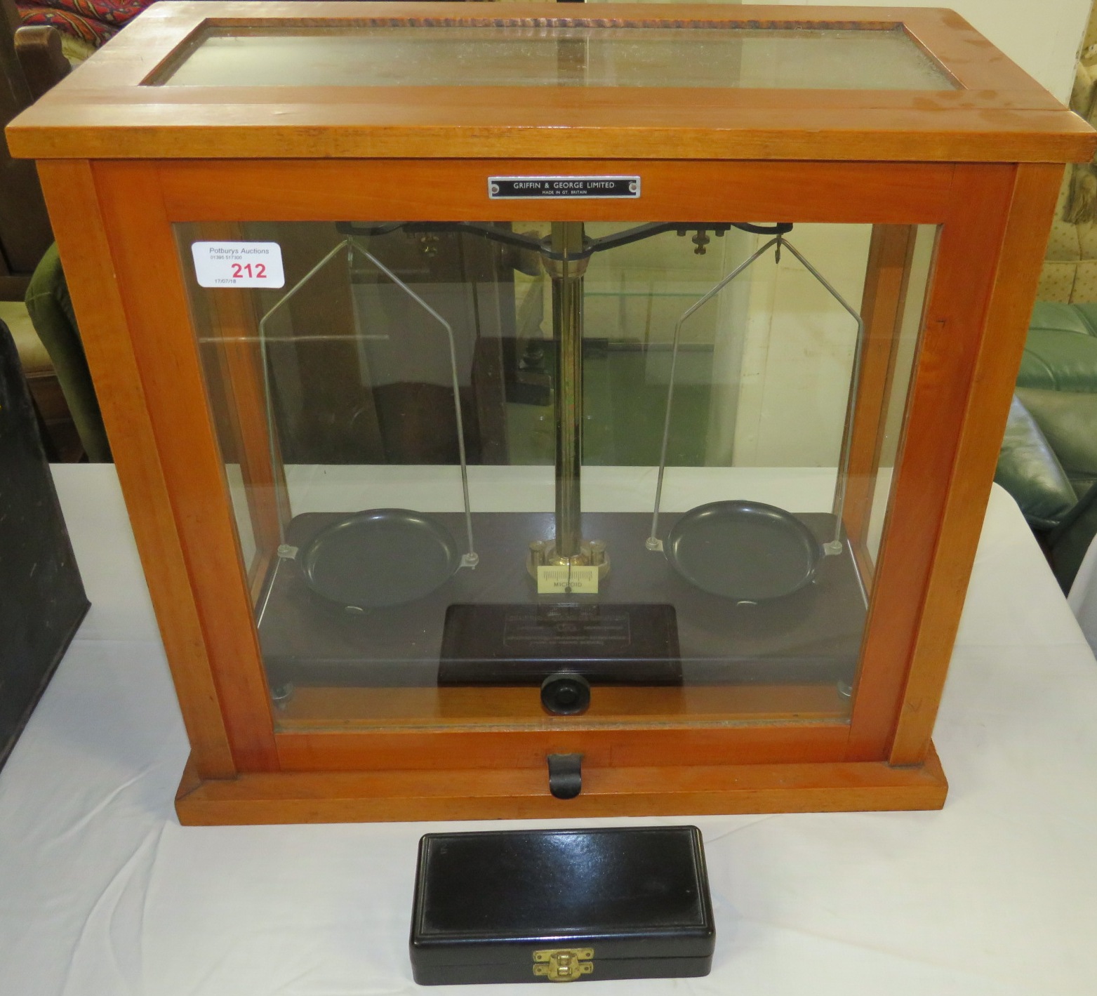 Griffin & George microid balance scales in glazed cabinet, with a box of weights