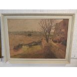 River embankment with houses and figure, oil on board, signed and date M Pym '91 lower right, (