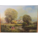 Children fishing near cottage and hay wain, oil on canvas, signed Dyer lower left, (29cm x 39.