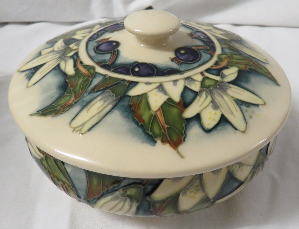 Moorcroft pottery Juneberry squat jar designed by Angela Davenport, cream ground, tube lined