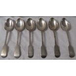 Six Victorian silver fiddleback dessert spoons, engraved initial B to stems, marks for Exeter, 1851,