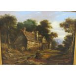 English School (19th century) - a watermill amongst trees, oil on canvas, (29cm x 39cm), in a gilt