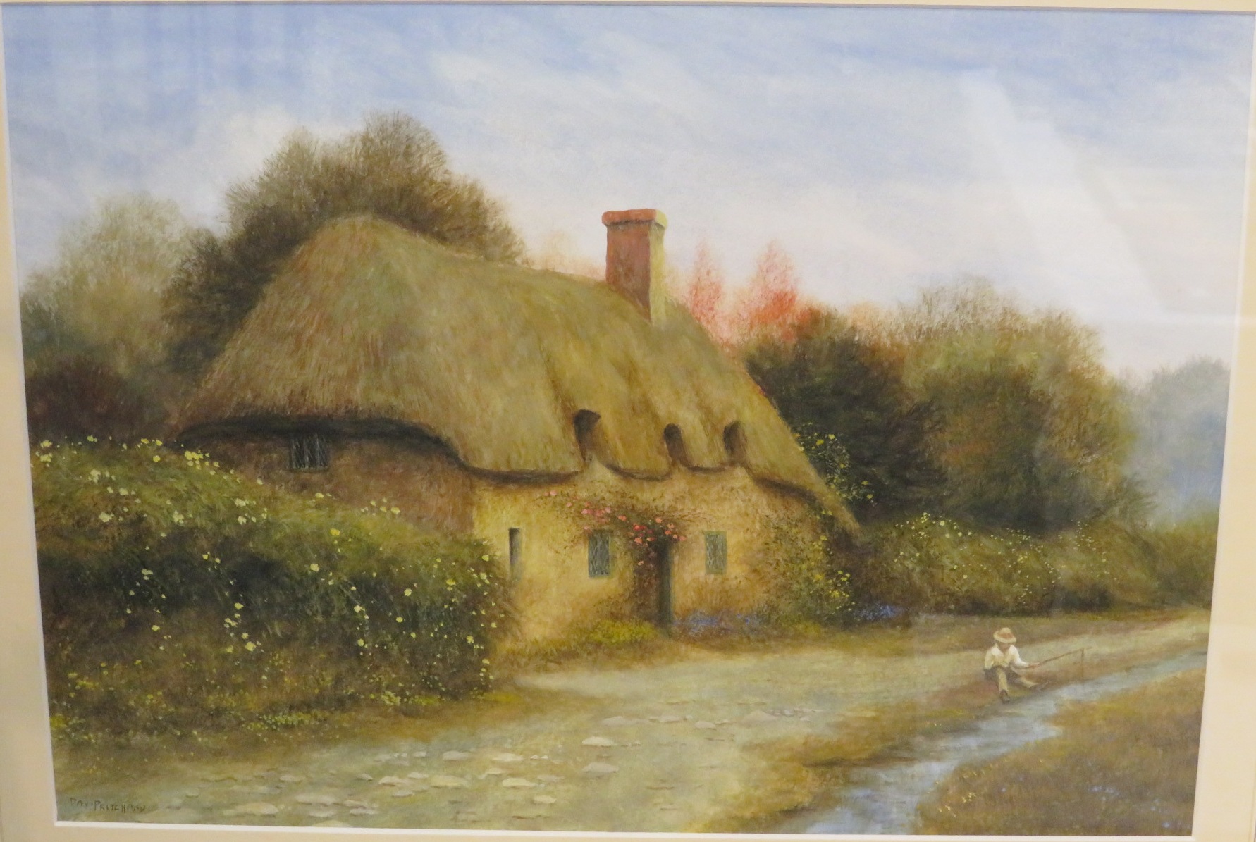 David Pritchard - boy fishing in stream in front of thatched cottage, watercolour, signed lower