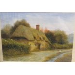 David Pritchard - boy fishing in stream in front of thatched cottage, watercolour, signed lower