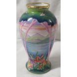 Moorcroft enamel baluster vase, continuous landscape with trees, hills and irises, gilt rim,