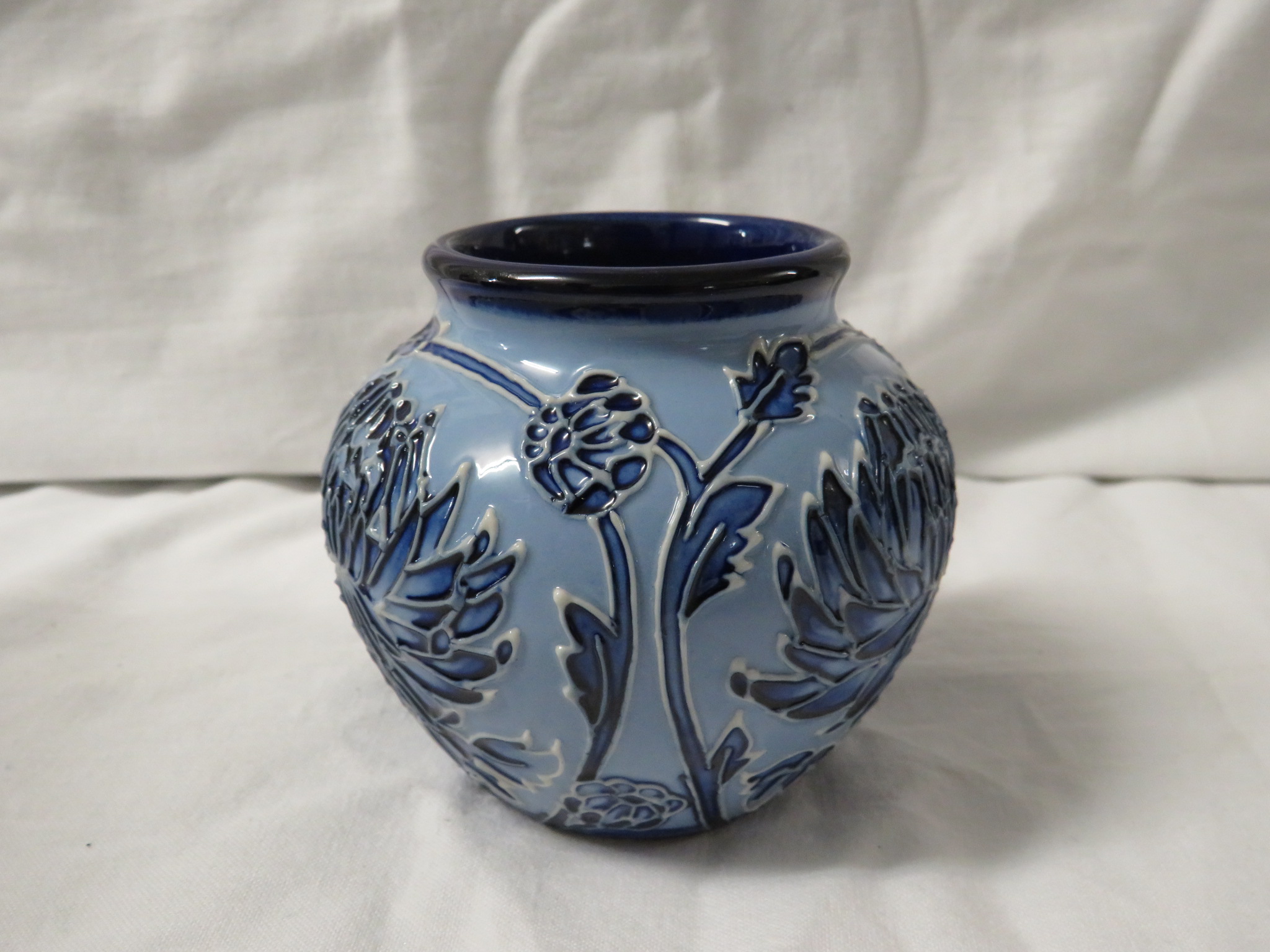 Moorcroft pottery small ovoid vase in the style of Macintyre Florian ware, pale blue with tube lined - Image 3 of 4