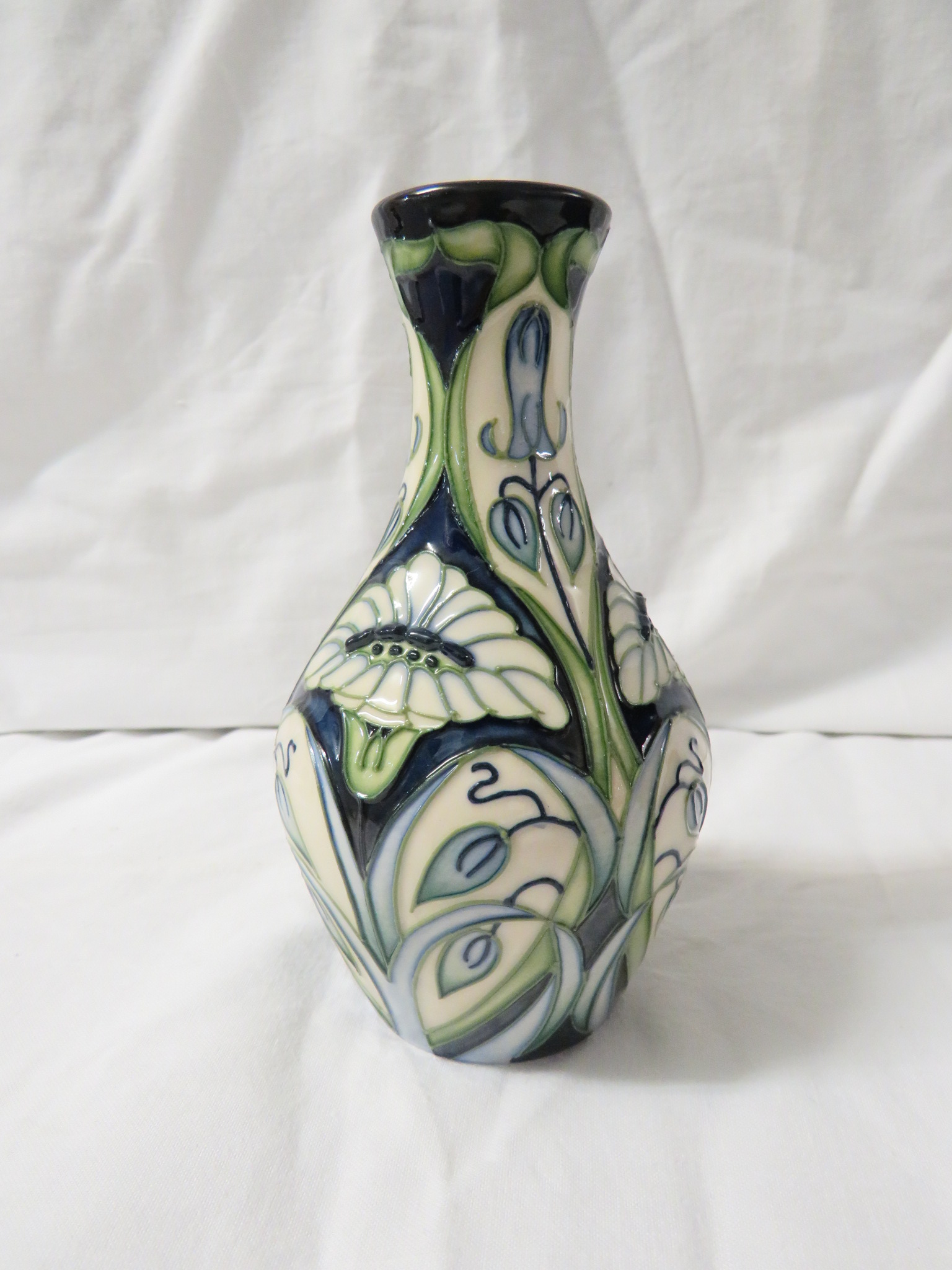 Moorcroft pottery Rain Daisy one star members vase of baluster form, dark blue ground with tube - Image 3 of 4