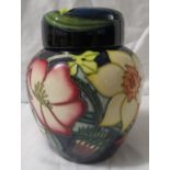 Moorcroft pottery QEII Golden Jubilee ginger jar with cover, dark blue ground, tube lined decoration