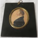 Regency painted miniature oval portrait of gentleman on paper, signed to left side perhaps R.