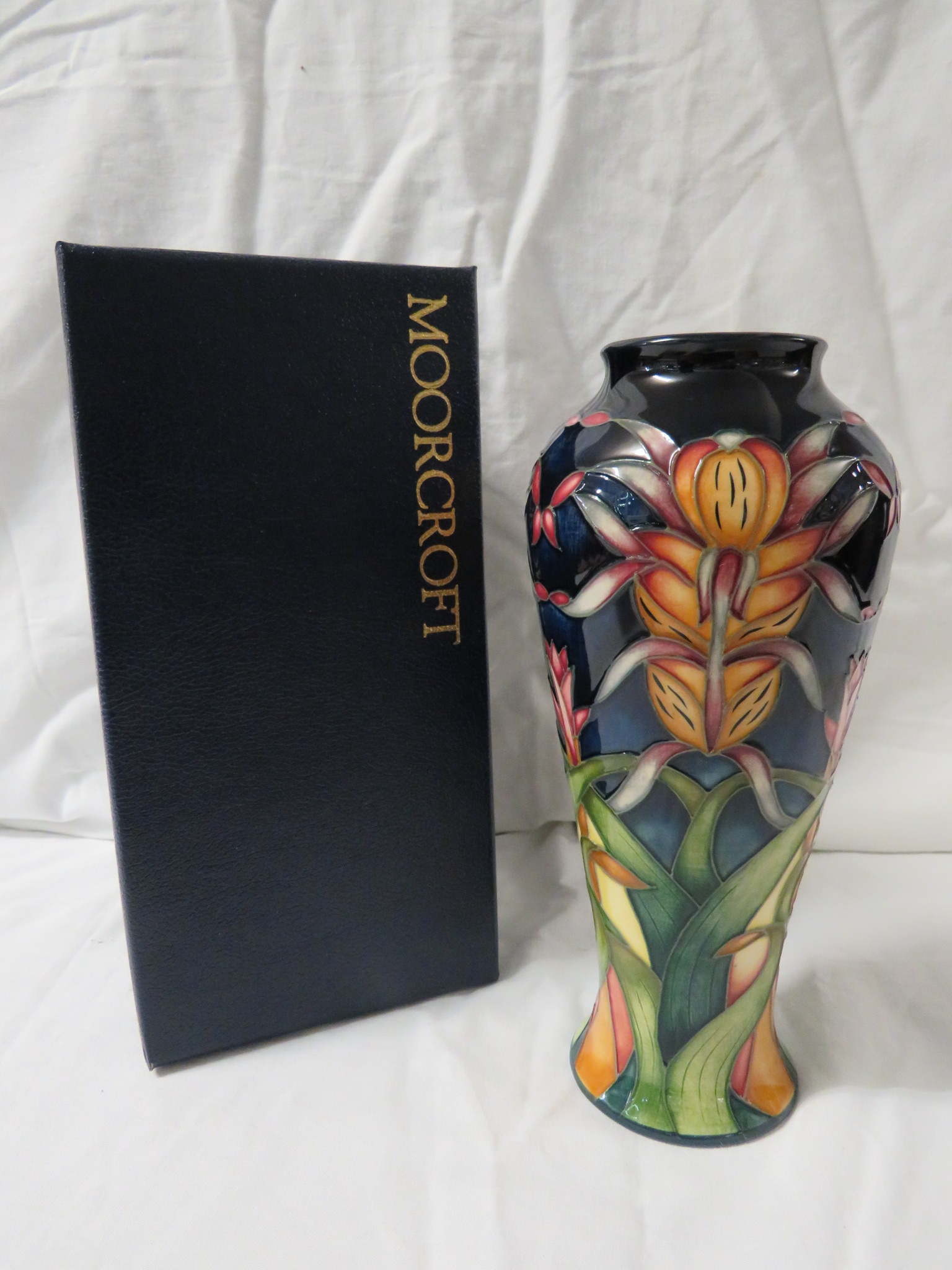 Moorcroft pottery Lizard Orchid three star members vase, high shouldered baluster form, dark blue - Image 2 of 4