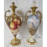 Two David Bowkett Ceramics porcelain vases, urn shaped with two scrolled handles moulded with