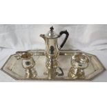 Elkington & Co four part silver tea service, comprising an oblong six-sided tray with beaded trim,