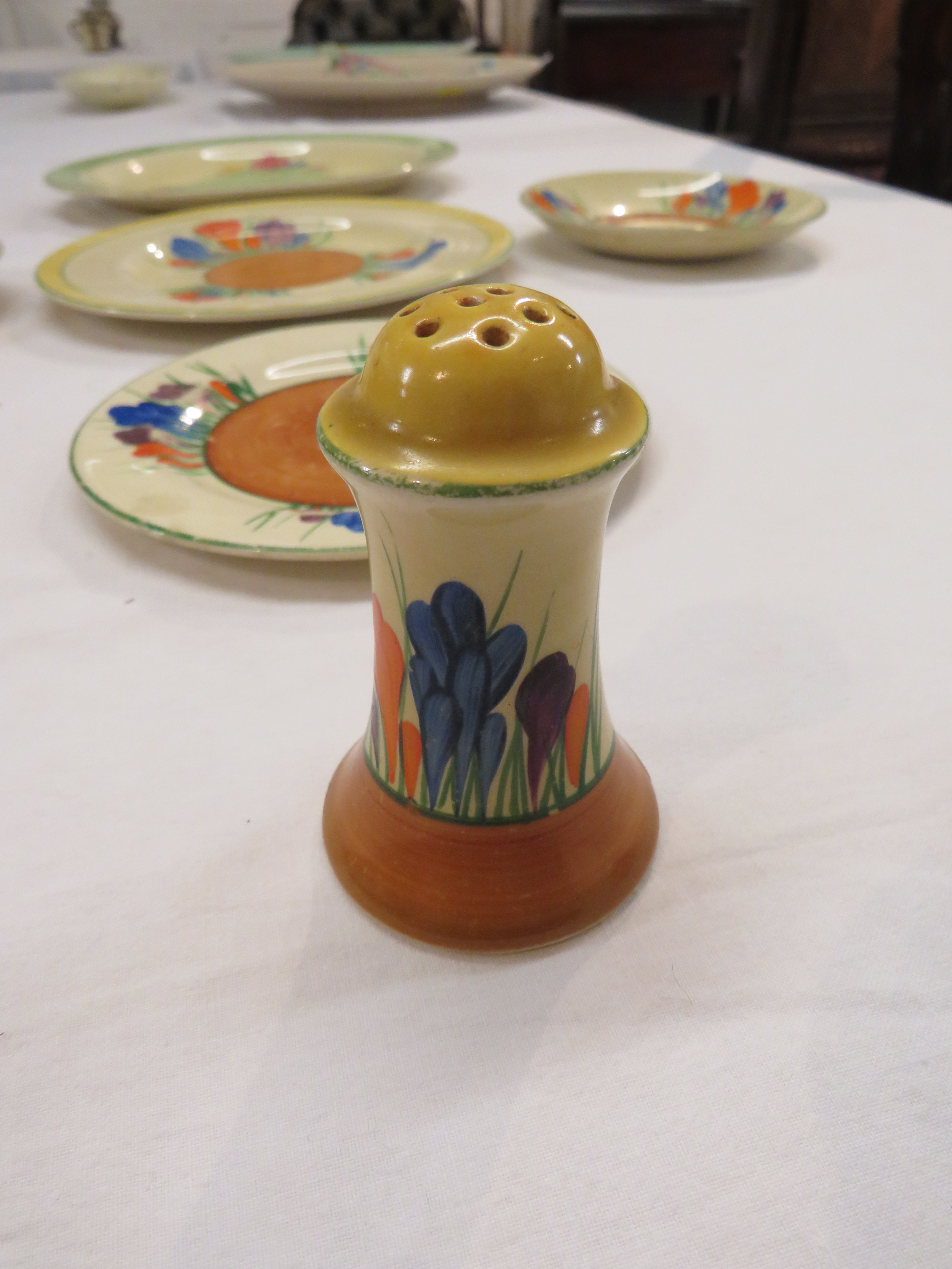 Clarice Cliff crocus pattern ware - Newport pottery plate and pepper pot, Royal Staffordshire tea - Image 4 of 4