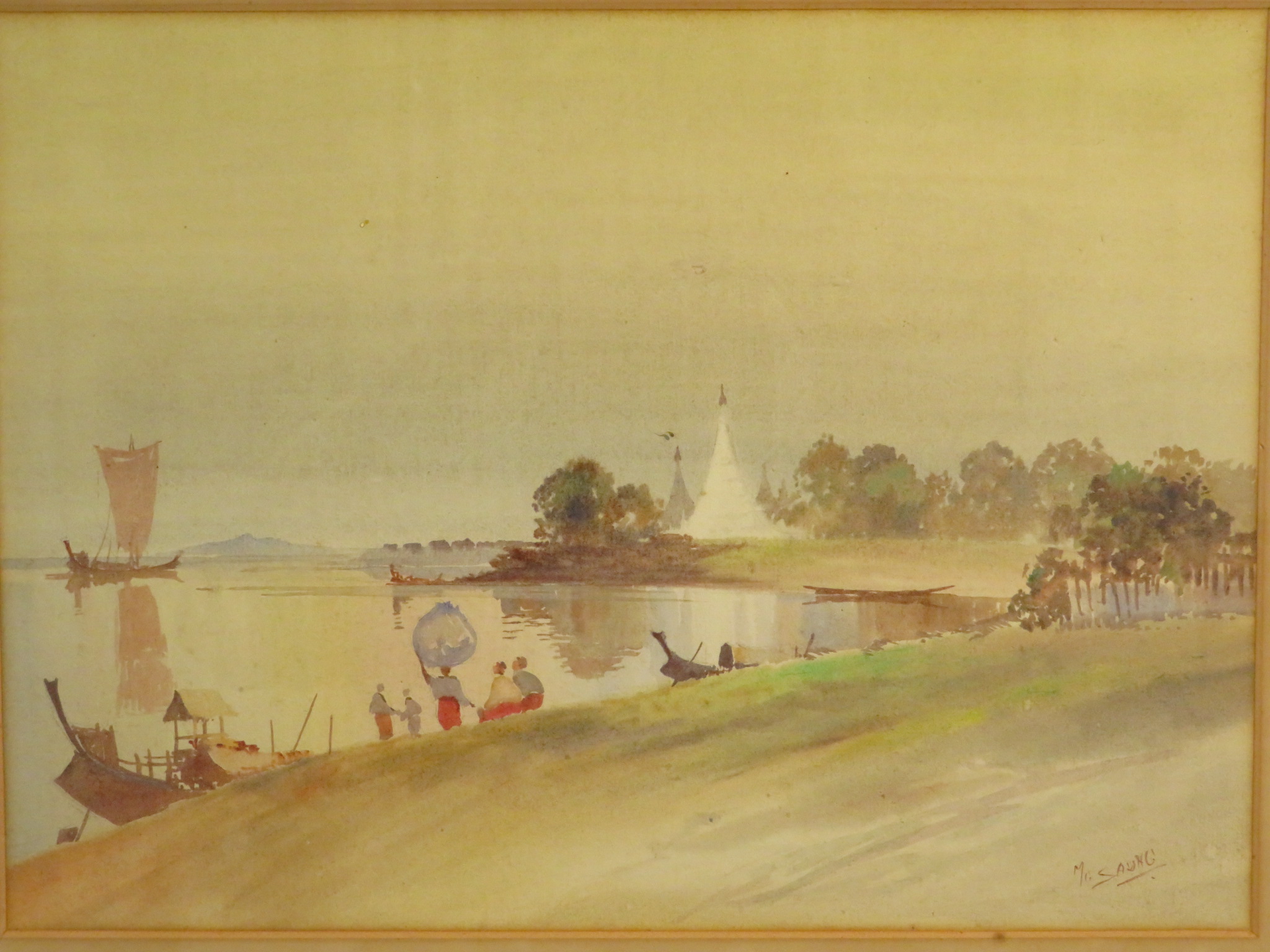 Far eastern lake shore with figures and tents, watercolour, signed MC Saung lower right, (27cm x