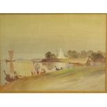 Far eastern lake shore with figures and tents, watercolour, signed MC Saung lower right, (27cm x