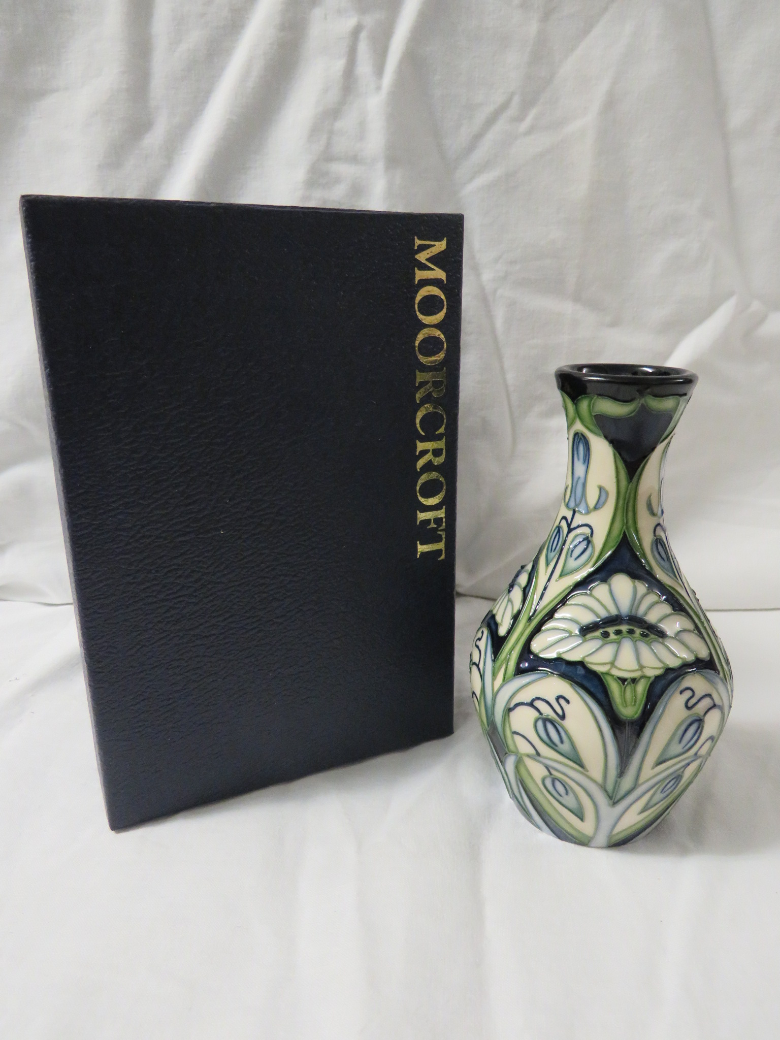 Moorcroft pottery Rain Daisy one star members vase of baluster form, dark blue ground with tube - Image 2 of 4