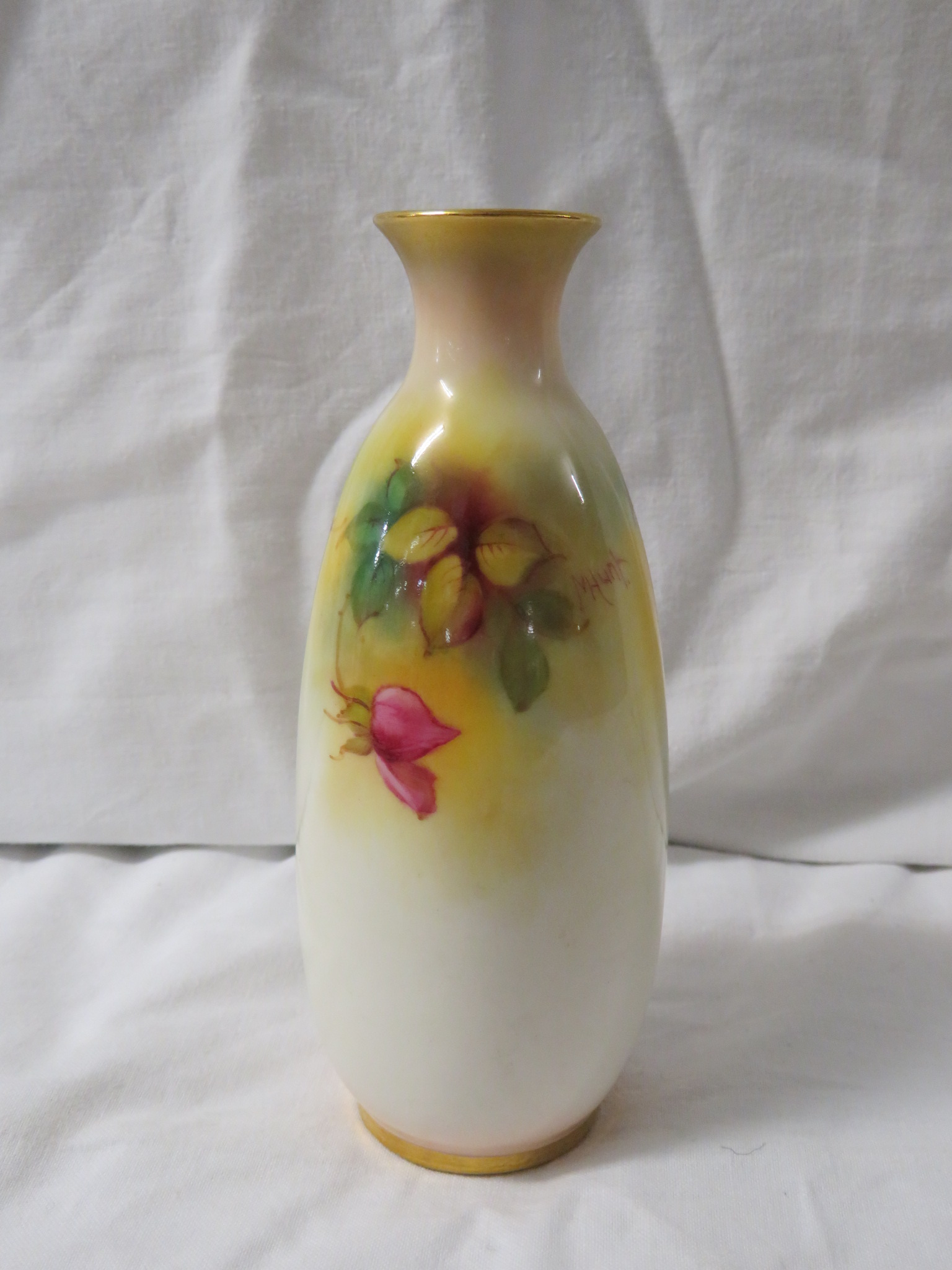 Royal Worcester porcelain vase, slender ovoid form, hand painted decoration of pink roses, signed - Image 2 of 4