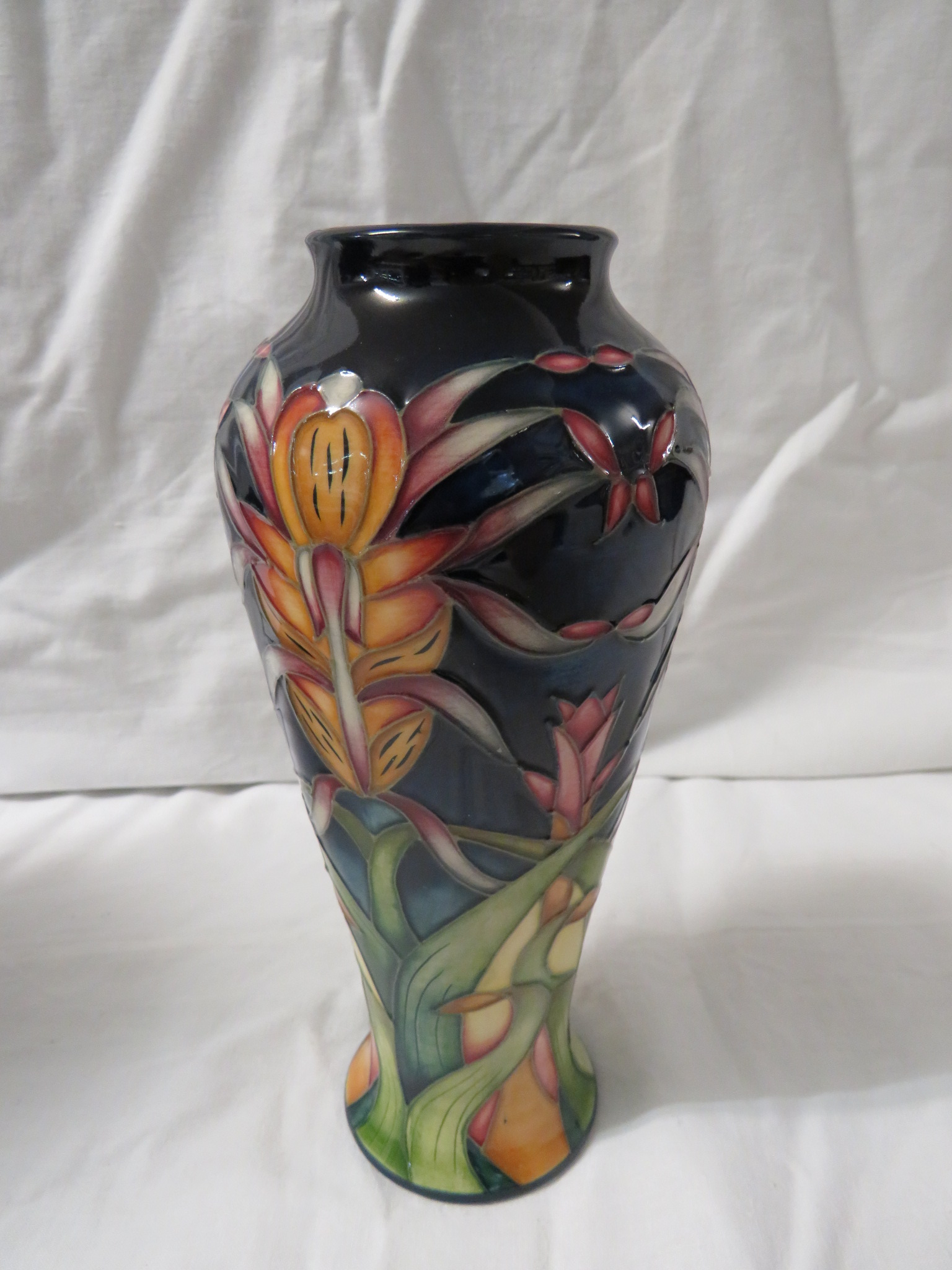 Moorcroft pottery Lizard Orchid three star members vase, high shouldered baluster form, dark blue - Image 3 of 4