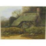 David Pritchard - thatched cottage with flower garden and hill beyond, watercolour, signed lower