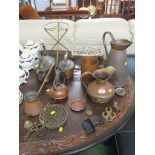 SELECTION OF COPPER AND BRASSWARE INCLUDING KETTLES, JUGS, TRIVET AND OTHER DECORATIVE ITEMS