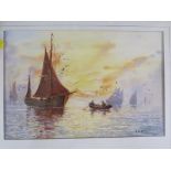 BOATS AND TENDER AT SUNSET, WATERCOLOUR, SIGNED G S WALTERS, FRAMED AND GLAZED