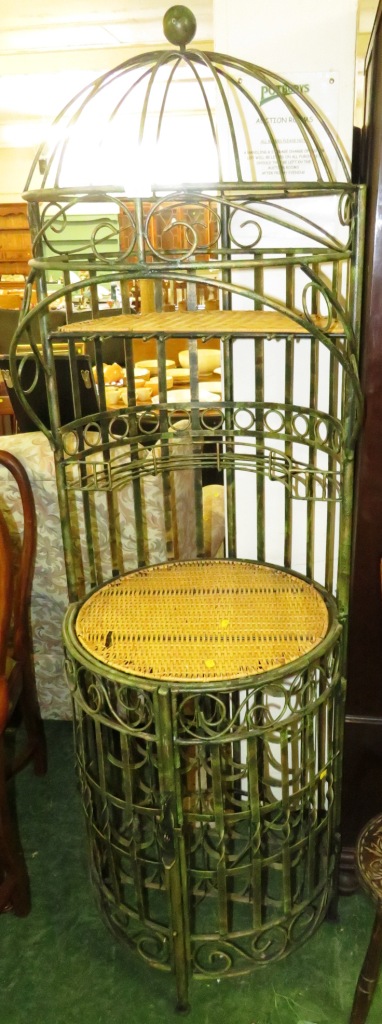 PAINTED WROUGHT METAL DRINKS STAND WITH ENCLOSED WINE RACK TO BASE, RATTAN SHELVES AND STORAGE FOR