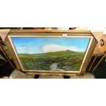 OIL ON CANVAS OF MOORLAND SCENE WITH STREAM AND SHEEP IN GILT EFFECT FRAME