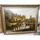 HORSES BY BRIDGE WITH THATCHED COTTAGES, SIGNED ROBERT LAWSON IN GILT FRAME