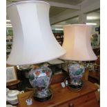 GRADUATED PAIR OF FLORALLY DECORATED CERAMIC TABLE LAMPS (SWITCH REQUIRES PROFESSIONAL ATTENTION)