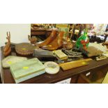 TREEN AND VINTAGE WARE INCLUDING SHOE FORMS, CARVED FIGURES, BOXWOOD RULER, ONYX TRINKET BOX, ETC