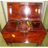 MAHOGANY CASKET TEA CADDY WITH LOOP HANDLES STANDING ON BUN FEET (A/F)