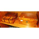 WOOD VENEERED WRITING SLOPE AND TWO WOOD VENEERED BANDED LIFT TOP STORAGE BOXES (A/F)