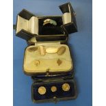 TWO 925 DRESS RINGS SET WITH FAUX STONES IN RING BOX, BOXED GOLD PLATED CUFFLINK AND STUD SET AND