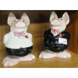 TWO WADE NATWEST PIGGY BANKS WEARING UNION JACK BOW TIES, BOTH WITH STOPPERS