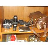 OLYMPUS OM2 FILM CAMERA WITH MITSUKI LENSES, FLASH GUNS, INSTRUCTION BOOKLETS AND LEATHER CAMERA