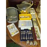MIXED PLATED AND STAINLESS CUTLERY (SOME BOXED), OLD HALL SALT AND PEPPER SHAKERS AND COAL SCUTTLE