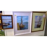 THREE FRAMED PAINTINGS OF MOORED BOATS