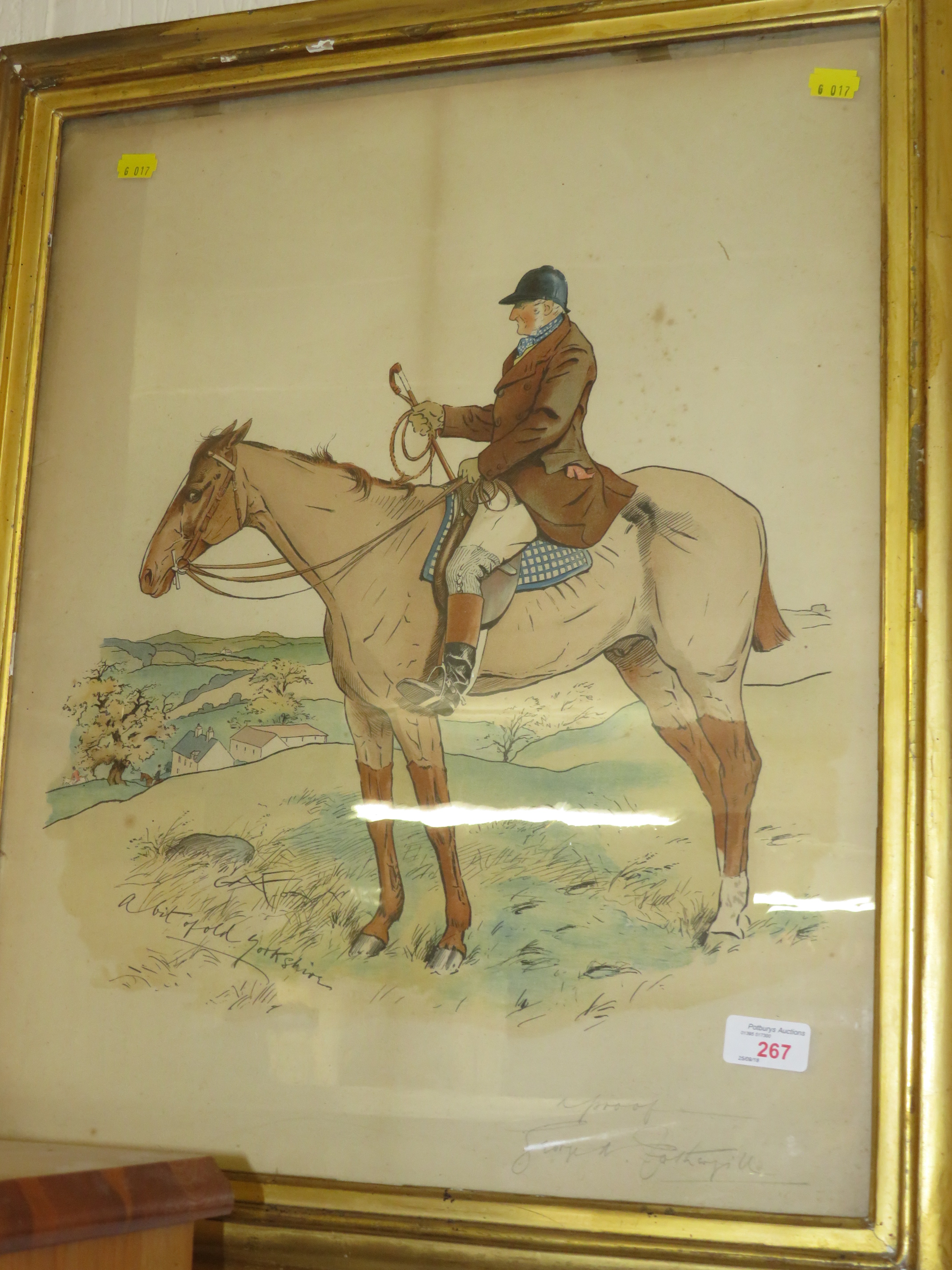 FRAMED AND GLAZED SIGNED COLOURED PRINT OF MAN ON HORSEBACK