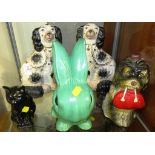 PAIR OF STAFFORDSHIRE SPANIELS (A/F), SYLVAC RABBIT, SYLVAC BLACK CAT AND ONE OTHER PLASTER DOG