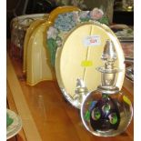 DECORATIVE GLASS PAPERWEIGHT WITH STOPPER SIGNED JABLONSKI, OVAL BEVEL EDGED TABLE MIRROR WITH