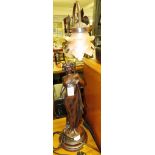 BRONZE EFFECT FIGURAL TABLE LAMP WITH OPAQUE GLASS SHADE