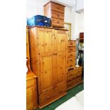 MATCHED HONEY PINE BEDROOM SUITE COMPRISING TWO DOOR WARDROBE, THREE DRAWER BEDSIDE, NARROW FIVE