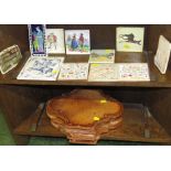 TWO SHELVES OF DECORATIVE TILES INCLUDING A T & R BOOTE LTD KENT COUNTY TILE