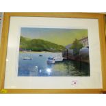 FRAMED AND MOUNTED PASTEL OF BOATS IN HARBOUR SIGNED LOWER LEFT AND FRAMED STILL LIFE PICTURE OF