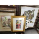 FRAMED PAINTING ON CANVAS OF TIGER SIGNED LOWER RIGHT, TOGETHER WITH OTHER PICTURES, PRINTS AND