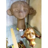 TEKT ART RUSSIAN POTTERY STYLIZED BUST OF WOMAN AND ONE OTHER PLASTER WALL HANGING OF GIRL